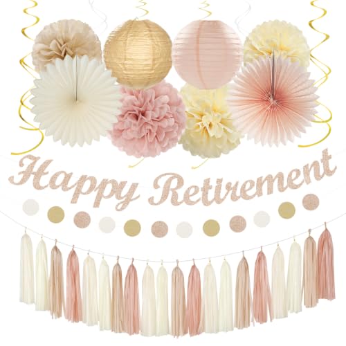 Image of Champagne Gold Beige Happy Retirement Banner Party Decorations Burgleda