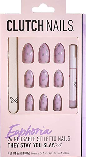 Clutch Nails: Euphoria - Press-On Nails Manicure Set - 24 Reusable Nails, Nail File and Pink Nail Glue - Stays on for 1-2 Weeks - Reusable Up to 5 Times - Natural Cuticle Lines - Cut and File
