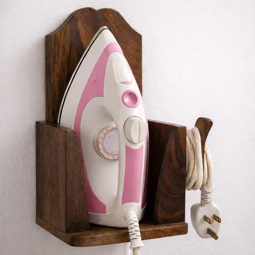 Image of PulGos Handcrafted Mango Wood Iron Press Holder - Wall Mount Wooden Iron Stand with Wire Organizer | Heat-Resistant & Shock-Proof Design | Durable Press and Cord Storage Solution | Home & Laundry Room