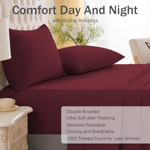 MICORAL Twin XL Sheet Set, 3 Pieces Soft Luxury Bed Sheets with 16" Deep Pocket for Twin XL Size Bed, Breathable Hotel Sheets and Pillowcase Set, Wrinkle Free (3 Pieces, Twin XL, Wine Red) by MICORAL - Used condition - Image 3