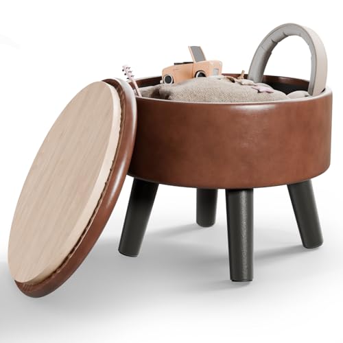 BRIAN & DANY Puff Almacenaje Pequeño, Taburete Redondo con Almacenamiento con Patas de Madera, Reposapiés Sofa Otomana con Tapa para Dormitorio Salon Entrada, Ø 33x32 cm, Cuero, Marrón