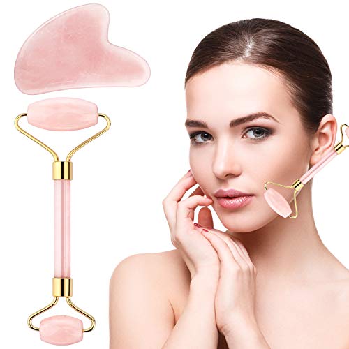 Miuphro Jade Roller en Gua Sha Scraper Set, 100% natuurlijke Jade Anti-Aging Face Roller voor oogwallen behandeling, huid aanhaling, nekmassage, verjongen gezicht en hals, afslanken massager Tool