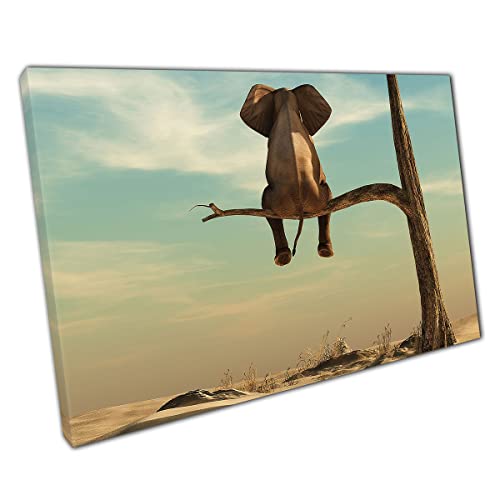 Elephant In Deep Thought Sitting On A Branch Of A Withered Tree Surreal Artwork Wall Art Print On Canvas Picture For Home Office Decor 45x30cm (18x12In)