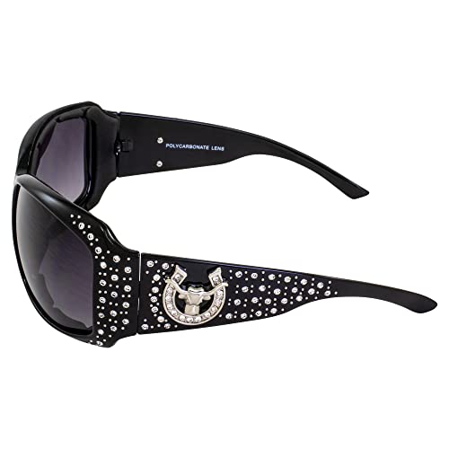 Rodeo Queen Bullheaded Motorcycle Horseshoe Sunglasses for Women Fashion Bling Foam-Padded Black Frame w/Rhinestones & Smoke Gradient Lenses3