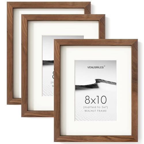 Image of 8x10 Picture Frame Set of 3, USA-Sourced Natural Walnut Wood Photo Collage Frame with HD Tempered Glass, Modern Simple 8 x 10 Wooden Frame Matted to 5x7 Gallery Frames for Art Wall or Tabletop Display