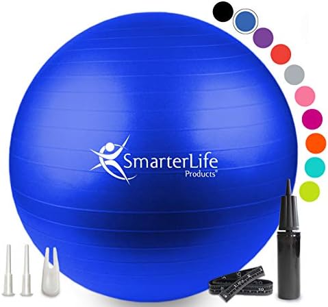 SmarterLife Workout Exercise Ball for Fitness, Yoga, Balance, Stability, or Birthing, Great as Yoga Ball Chair for Office or Exercise Gym Equipment for Home, Premium Non-Slip Design (65 cm, Blue)