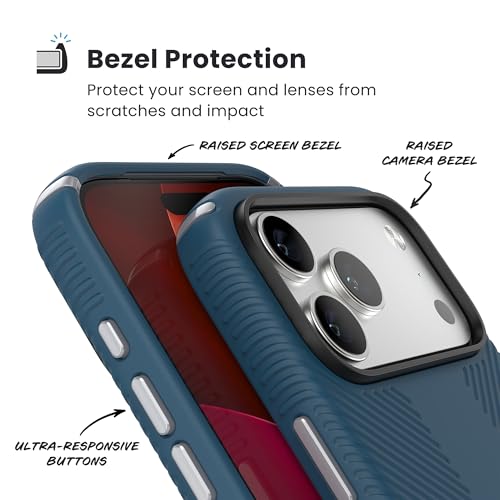 Image of Speck PRESIDIO2 Grip for iPhone 17 Pro Max Case, Slim Protective Case, DEEP SEA /Silver Metallic /Spell Blue