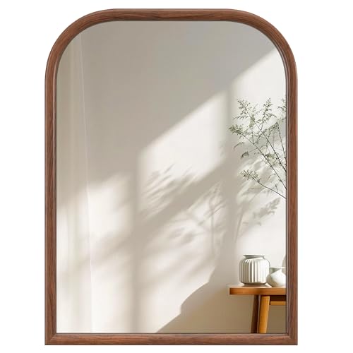 Image of 24 inchx32 inch Arch Wall Mirror for Wall, Wall Mounted Vanity Mirror for Bedroom, Wood Grain Finish Frame Mirror with Tempered Glass, Vintage Decorative for Bathroom, Entryway, Living Room, Walnut
