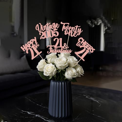 Image of 15 PCS 21st Birthday Centerpiece Sticks Twenty One Happy 21 Vintage 2005 Table Flower Centerpieces Sticks Cheers to 21 Fabulous Floral Decorations for 21st Birthday Party Supplies Rose Gold