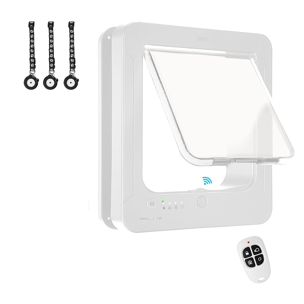 Porte pour Chat Intelligente avec Capteur à 3 Colliers, Activation par Collier RFID avec Télécommande, Verrouillage à 4 Points