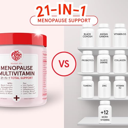Peach Perfect Menopause Multivitamin | 21 Vitamins for Women 45+ | Black Cohosh, Ashwagandha, Vitamin D3+K2, Probiotics & Collagen | Support for Hot Flashes, Mood Swings, Joint & Skin Health | 30 SVG - Image 3