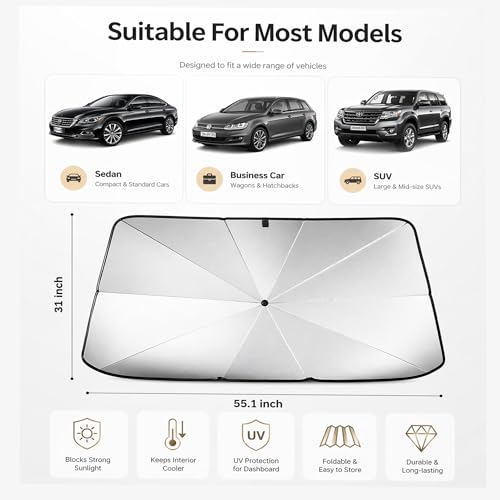 Image of Sulfar Car Sun Shade,for Car Front Windshield, Umbrella Sun Shade Cover, Foldable UV Reflector and Heat, Sunshade for Cars, Fits Most Vans SUVS (57 x 31 in)