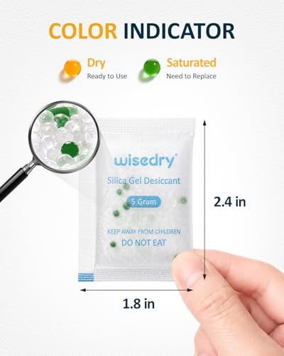 Image of wisedry 5 Gram 60 Packs Food Grade Silica Gel Packets, Rechargeable Food Safe Desiccant Packs with Color Indicating Beads, Reusable Moisture Absorbers for Food Storage, Electronics, 3D Filament & Safe