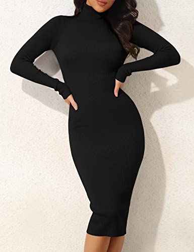 Ninovino Women's Turtleneck Ribbed Long Sleeve Bodycon Midi Dress Black-S #TOP1