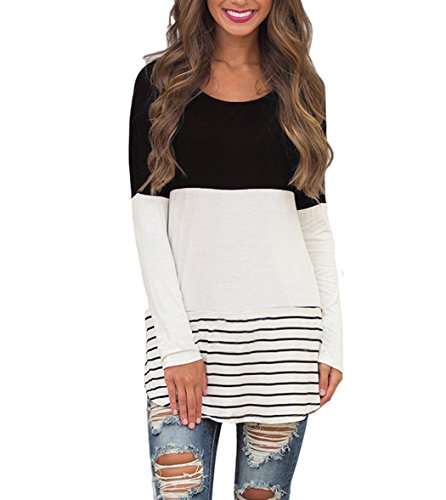 Hount Womens Back Lace Color Block Tunic Tops Long Sleeve T-Shirts Blouses with Striped Hem (X-Large, Black)
