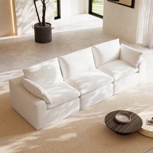 Image of Novilla 104.3 inch Modular Cloud Couch, Modern Sectional Sofa with Smarts Coil Support, Chenille Fabric, Upholstered Couch for Living Room Apartments Bedroom, No Assembly, 3 Seater, White