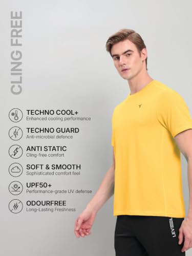 Image of TECHNOSPORT Men's Solid Slim Fit Round Neck T-Shirt TECHNOCOOL+ Half Sleeve Slip On Polyester for Gym Running Workout UPF50+ Anti Odour