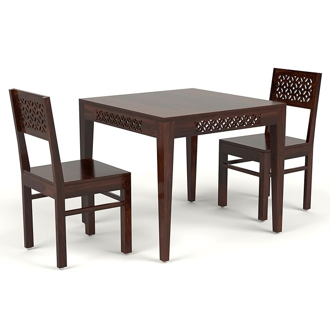 Image of Solid Sheesham Wood 2 Seater Dining Table Set with Cushioned Chairs for Dining Room | Living Room | Home & Office | Hotels Restaurant & Cafe (2 Seater, Walnut Finish A)