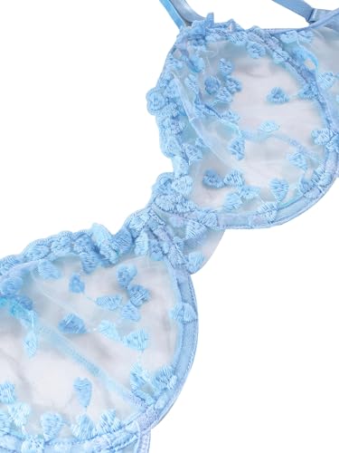 lilosy sexy underwire cute push up strappy embroidered mesh sheer lingerie set see through panty bra