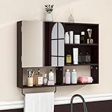 Vavkorkula Medicine Cabinet, Wooden Bathroom Wall Cabinet with 2 Doors, Adjustable Shelves & Towel Bar, Over Toilet Storage Cabinet Wall Mounted for Laundry with Mirror, Espresso