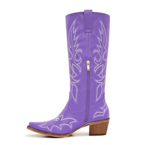 Image of Uillnoodu Women's Turquoise Cowgirl Boots - Wide Calf Mid Calf Western Boots Plus Size Embroidered Cowboy Style with Block Heel