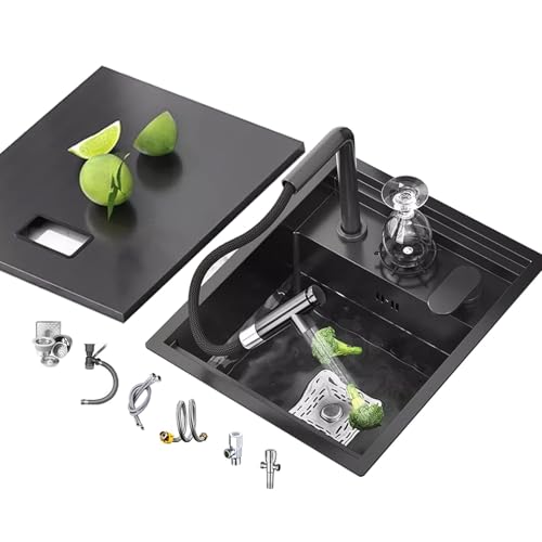 Fregadero De Cocina De Acero Inoxidable Negro Con Grifo Elevable Y Lavavasos Fregadero Oculto De Una Cubeta Para Casa Apartamento Bar Caravana Con Kit De Instalación Completo(45x38x22cm(B))