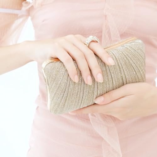 Womens Golden Glitter Clutch Purse Pleated Evening Bag for Bridal Wedding Party with Rhinestone Ring4