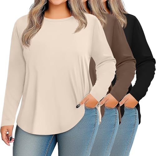 Ficerd 3 Pack Womens Plus Size Long Sleeve Tops Crew Neck Loose Fit T Shirt Stretchy Casual Winter Tops Basic Tees Shirts