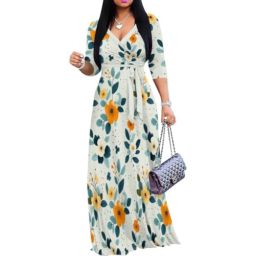 Image of PinkPatty Plus Size Maxi Dress for Women Casual V Neck 3 /4 Sleeve Boho Printed Long Dress with Pockets