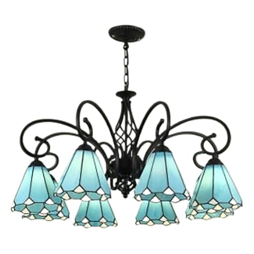 Elegante lámpara colgante de cono Tiffany azul, 8 pantallas de cristal azul, lámpara de techo colgante negra para sala de estar y decoración del hogar, elegante accesorio de iluminación (juego de 8)