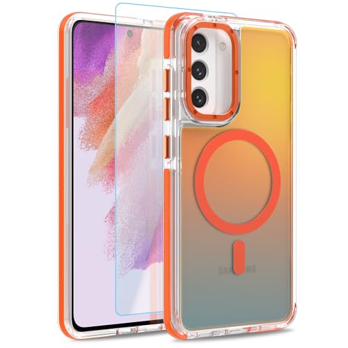 Image of Magnetic Case for Samsung Galaxy S21 FE 5G [Compatible with Magsafe] [Cute Fashion Fluorescent Design] [1 Screen Protector] Slim Translucent Matte Case for Galaxy S21 FE 5G 6.4 inch, Orange
