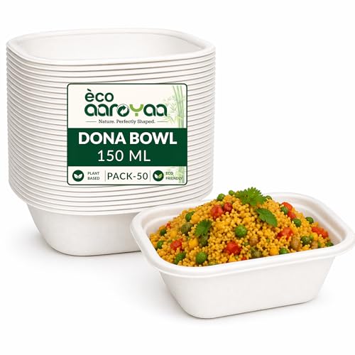 Image of Eco Disposable Square Dona Bagasse Bowls - Biodegradable Disposable Bowls - Eco-Friendly Dip, Sauce & Chutney Disposable Cups - Leak-Resistant Small Serving Bowls (Pack of 50)