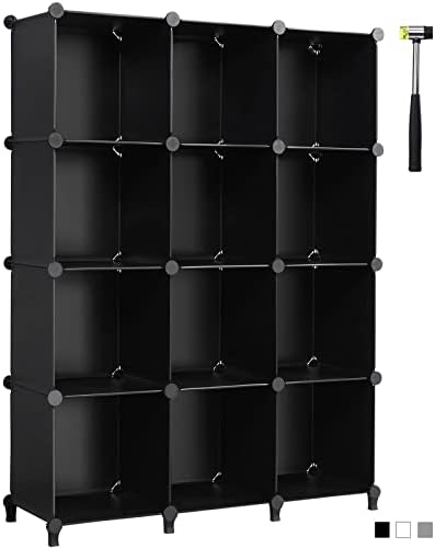 ANWBROAD Cube Storage Organizer 12-Cube DIY Closet Storage Cabinet Book Shelf Kids Organizers and Storage for Bedroom Closet Organizer Cubby Shelving Plastic Office Living Room Black ULCS012B