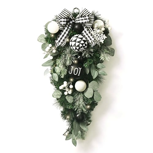 Valery Madelyn Pre-Lit Christmas Teardrop Swag for Decorating Outdoor, 24 Inch Black White Mailbox Swag Decoration with 20 LED Lights, Ball Ornaments for Front Door Stairway Window Shelf Xmas Decor