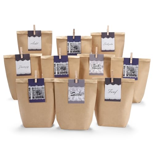 PANSIBY Advent Calendar for Filling 24 Christmas Calendar Paper Bags for Self-Filling, Kraft Paper Bags, Advent Bags