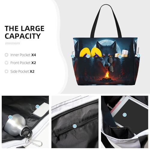 Beach Bag for Women, Waterproof Sandproof Beach Pool Travel Duffel Bags with 7 Pockets, Large Capacity Shoulder Tote Bag for Gym Travel Vacation Essential, Animal Wolf Fire Moon3