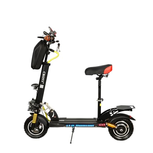 CRONY V10+ Pro Electric Scooter for Adults Front/Rear Suspension & Brake Bluetooth Speaker Safety with Phone Holder&Rearview Mirror Front Storage Bag LED Base Lights 45-68 KM/H Max Speed Black