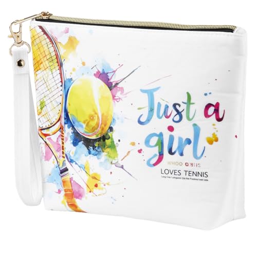 BuyCard Tennis Makeup Bag - Portable Toiletry Pouch with Zippers and Wristlet - Inspirational Gifts for Women Tennis Lovers and Players - Birthday Gift