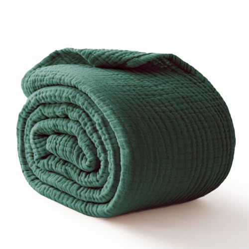 Image of Cotton Muslin Blankets for Adults, 6-Layer Large Throw, 50 x 70, Dark Green