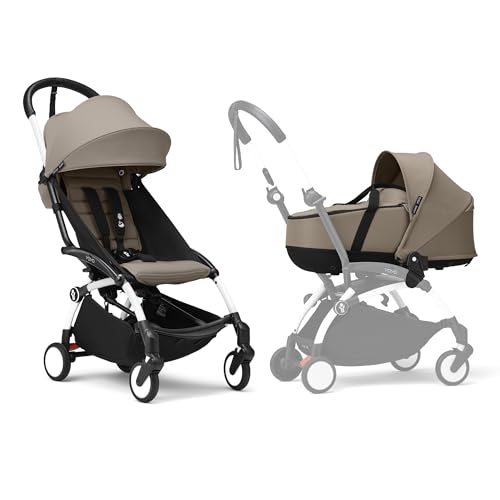 Cochecito YOYO3 de Stokke con Capazo para Recién Nacido - Incluye chasis en blanco, pack color 6+ para YOYO (Taupe) y Capazo para Recién Nacido (Taupe)