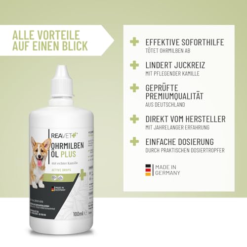 ReaVET Ohrmilbenöl Plus 100ml sofort wirksames Mittel für Hunde – gegen Ohrmilben mit Kamille, Sanfte Pflege bei Juckreiz im Ohr, Ohrentropfen Milben, Ohrenreiniger