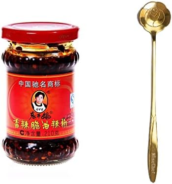 LGM Lao Gan Ma Spicy Chili Crisp Spicy Chinese Chili Oil Hot Sauce with Roasted Chili Pepper Flakes | 7.41oz 210g (1 jar) + one NineChef Golden color Spoon (1 Jars + 1 Spoon), 7.41 Ounce (Pack of 1)