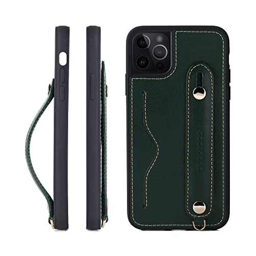 iPhone13 Pro Max ケース 本革 グリップケース レザー ストラップ付属 イタリア製牛革 ヌメ革 片手操作 カード収納 スタンド機能 メンズ レディース グリーン CGH-13ProMax-Green