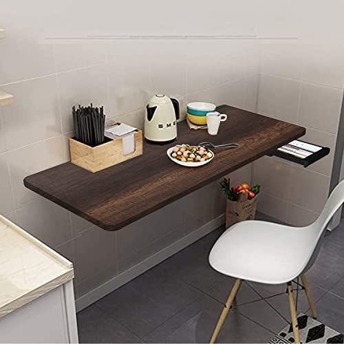 Image of QARA [16 x 40 inches Solid Wooden Wall Mounted Folding Table| Wall Mount Table with Drawer | Foldable Table with Round Corner| Study Table for Home & Office|Dark Oak
