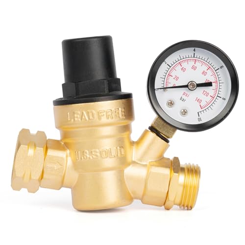 Image of U.S. Solid 3 /4 in GHT RV Water Pressure Regulator, Screwdriver-Adjustable Lead-Free Brass, 45 psi Preset, 0-140 psi Gauge, Stainless Filter, for RV Camper Trailer and Garden Hose