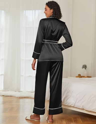Ekouaer Satin Lounge Sets for Women 2 Pieces Silk Pajamas Set Long Sleeve Top with Pants Outfits with Belt4