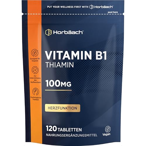 Vitamin B1 Hochdosiert 100mg Thiamin | 120 Vegane Tabletten | Ohne künstliche Zusätze | von Horbaach