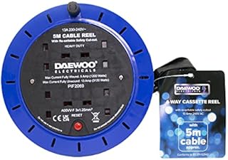 Daewoo Extension Reel, 2 Way Socket With 5 Metre Cable, Heavy Duty With Resettable Safety Cut Out, Cassette Reel, Black And Blue