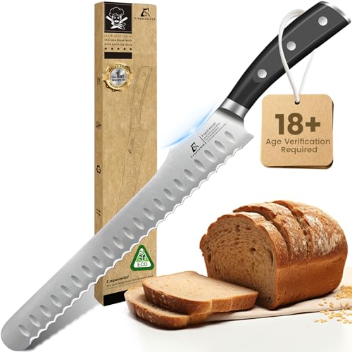 CoquusAid Bread Knife for Homemade Bread: 10.6 Inch Multifunction Serrated Knife, Razor Sharp Slicer, Forged High Carbon German Steel, Full Tang Ergonomic Handle Design for Sourdough Turkey Fruit