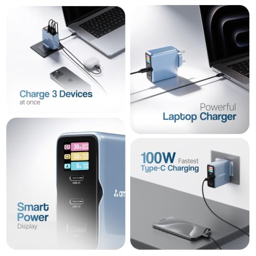 Image of Ambrane 100W Fast Charging Display Charger, Display to Show Power Details, 3 Ports - 2 Type C, 1 USB, Type C PD Fast Charging for MacBook, iPhone, Type C Laptops, Other Devices (Charge D100, Blue)